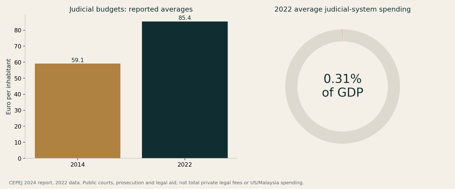 CEPEJ averages: 59.1 euro per inhabitant in 2014 and 85.4 in 2022; judicial systems averaged 0.31% of GDP in 2022.