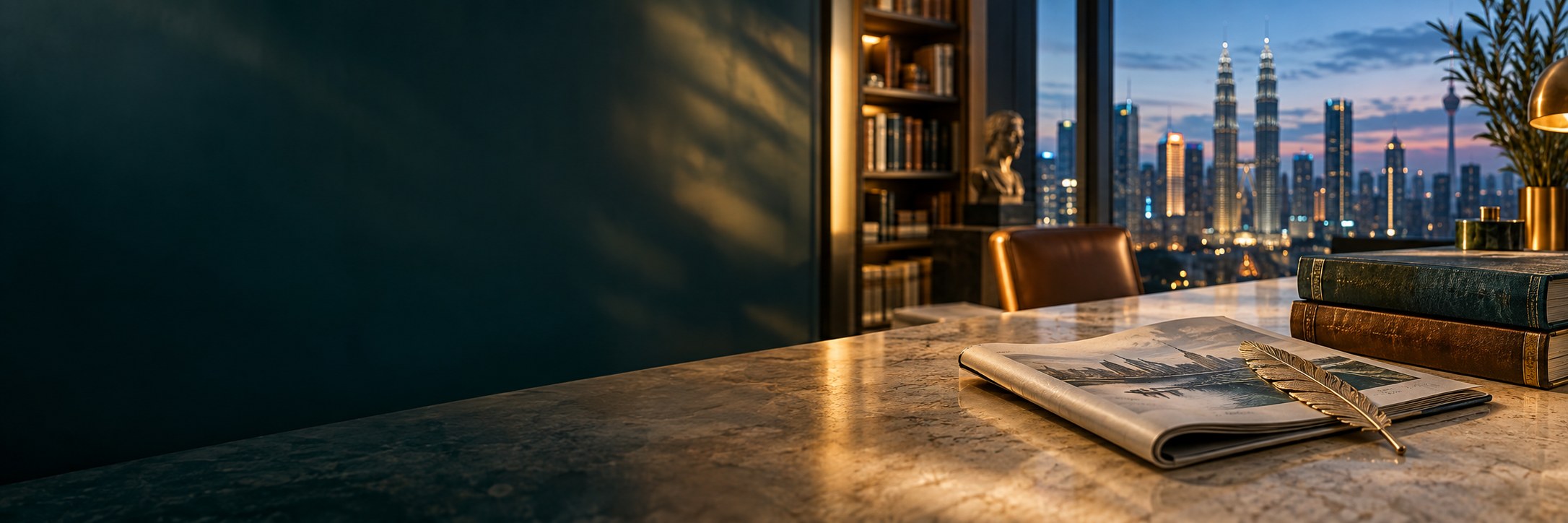 An open journal on a library desk overlooking Kuala Lumpur, an illustrative AI-generated image