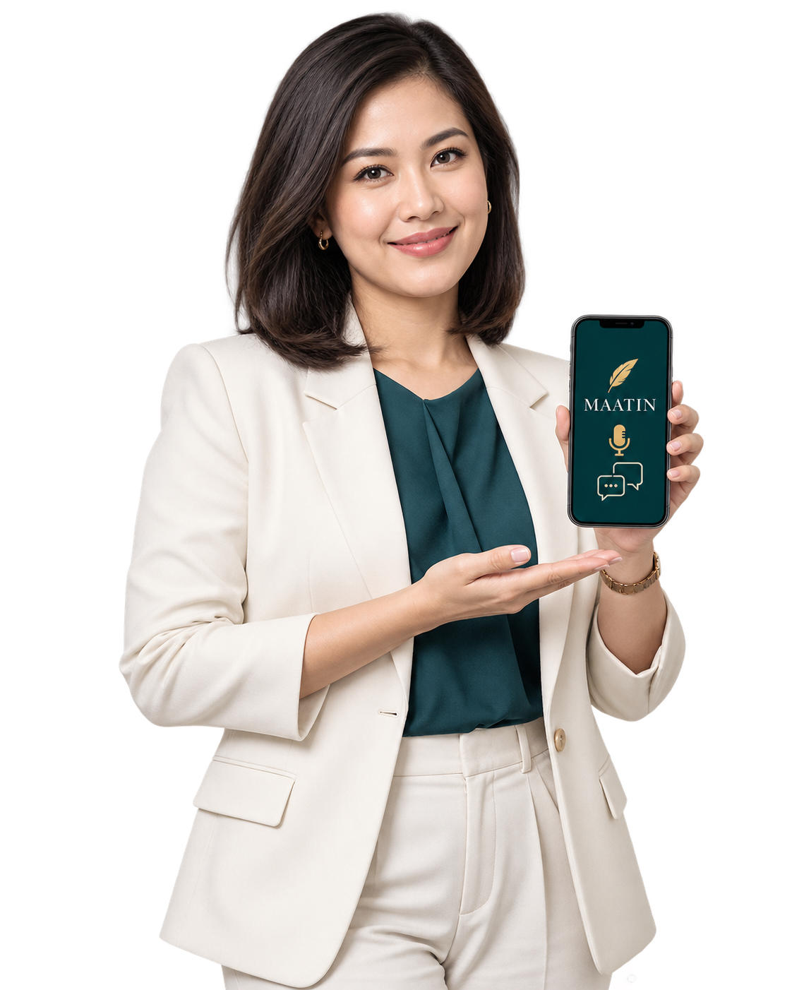 A professional promoter holding a smartphone displaying MAATIN.